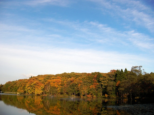 八郎沼の湖畔、戻りながらの紅葉、青い空（北海道北斗市）
