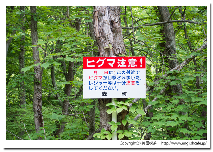 鳥崎渓谷の名所上大滝、熊注意の案内板（北海道森町）
