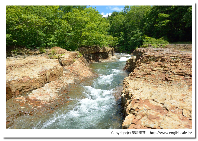 茂辺地自然体験の森（夏の再訪編）、見晴憩いの場の深くえぐられた川を下流から撮影（北海道北斗市）