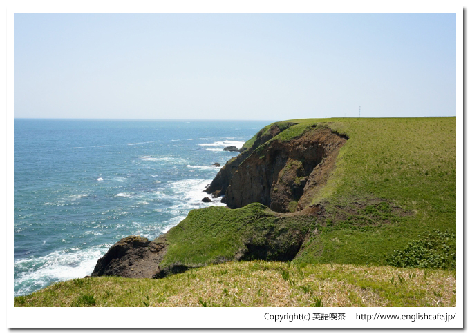 落石岬灯台と落石岬湿原、落石岬灯台と断崖の海岸風景（北海道根室市）